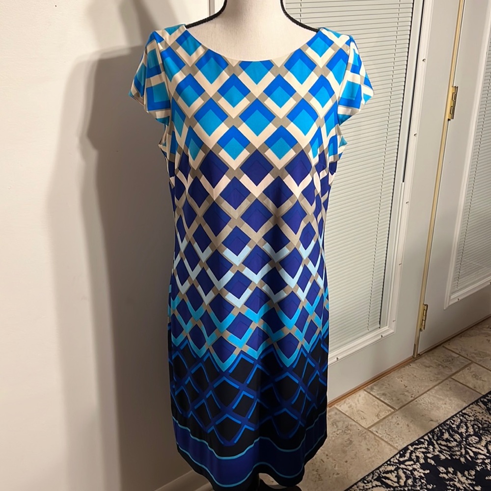 Roz & Ali Cute Blue Square Midi Sheath Dress - Size 12